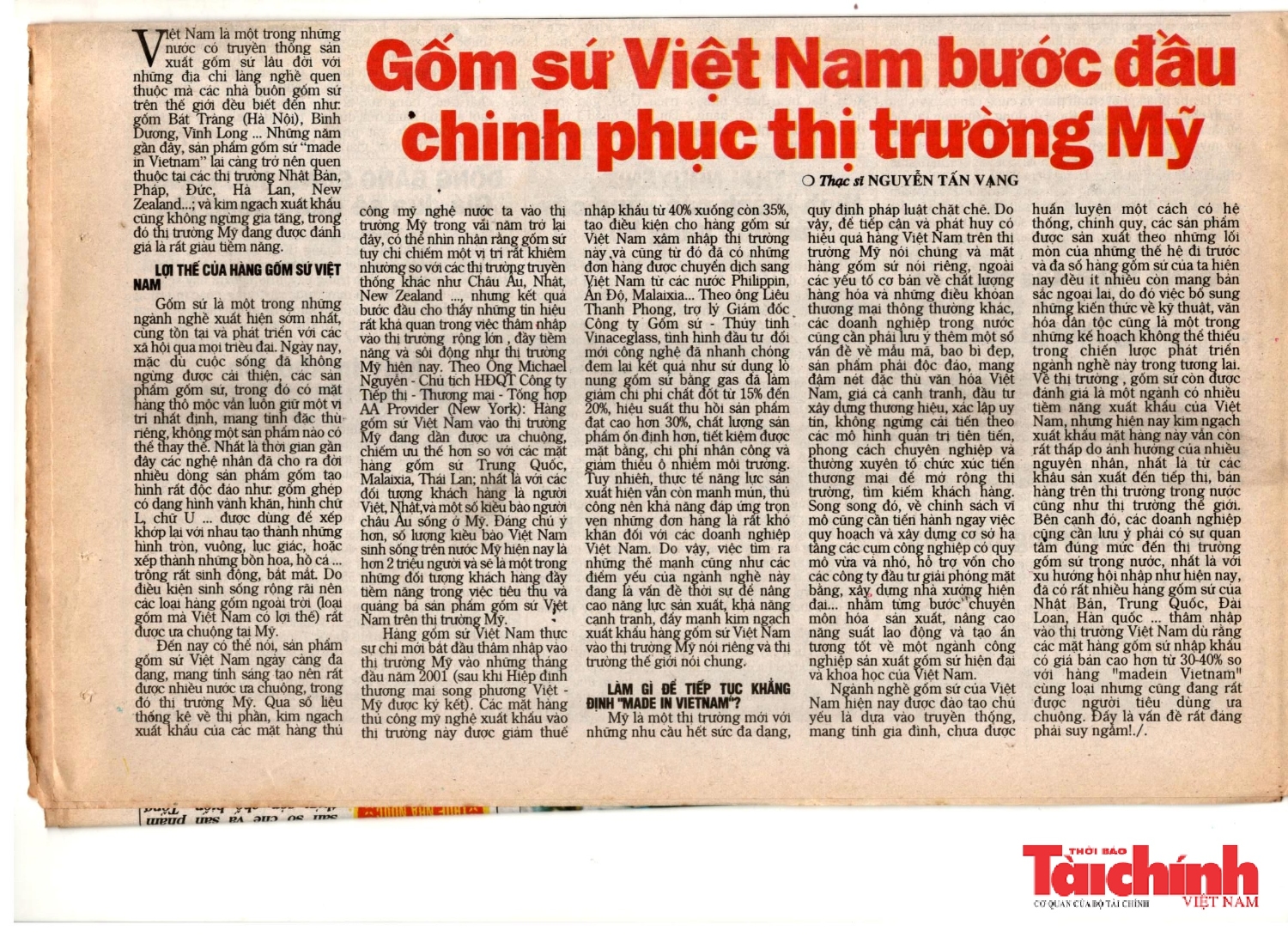 GỐM SỨ VIỆT NAM BƯỚC ĐẦU CHINH PHỤC THỊ TRƯỜNG MỸ - MECON.: NGUYEN TAN VANG